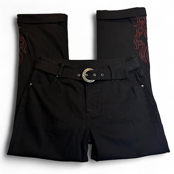 Y2K Harley-Davidson Flame Embroidered Pants 8 Long Biker Grunge Chrome Buckle - Picture 2 of 6